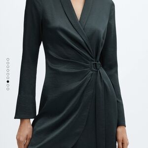 Mango Green Ruched Wrap Dress Long Sleeve V-Neck